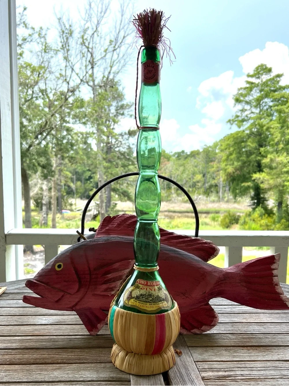 RARE VINTAGE DECORATIVE ITALIAN CHIANTI PINE MONARCH WINE BOTTLE TALL NECK GREEN